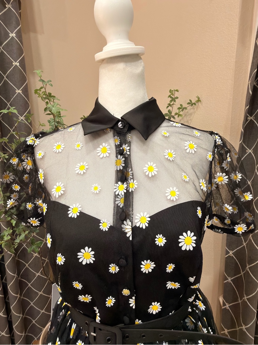 UNIQUE VINTAGE Rare Daisy Embroidered Sheer Retro Fit & Flare Dress NWT, Size M - Picture 6 of 8